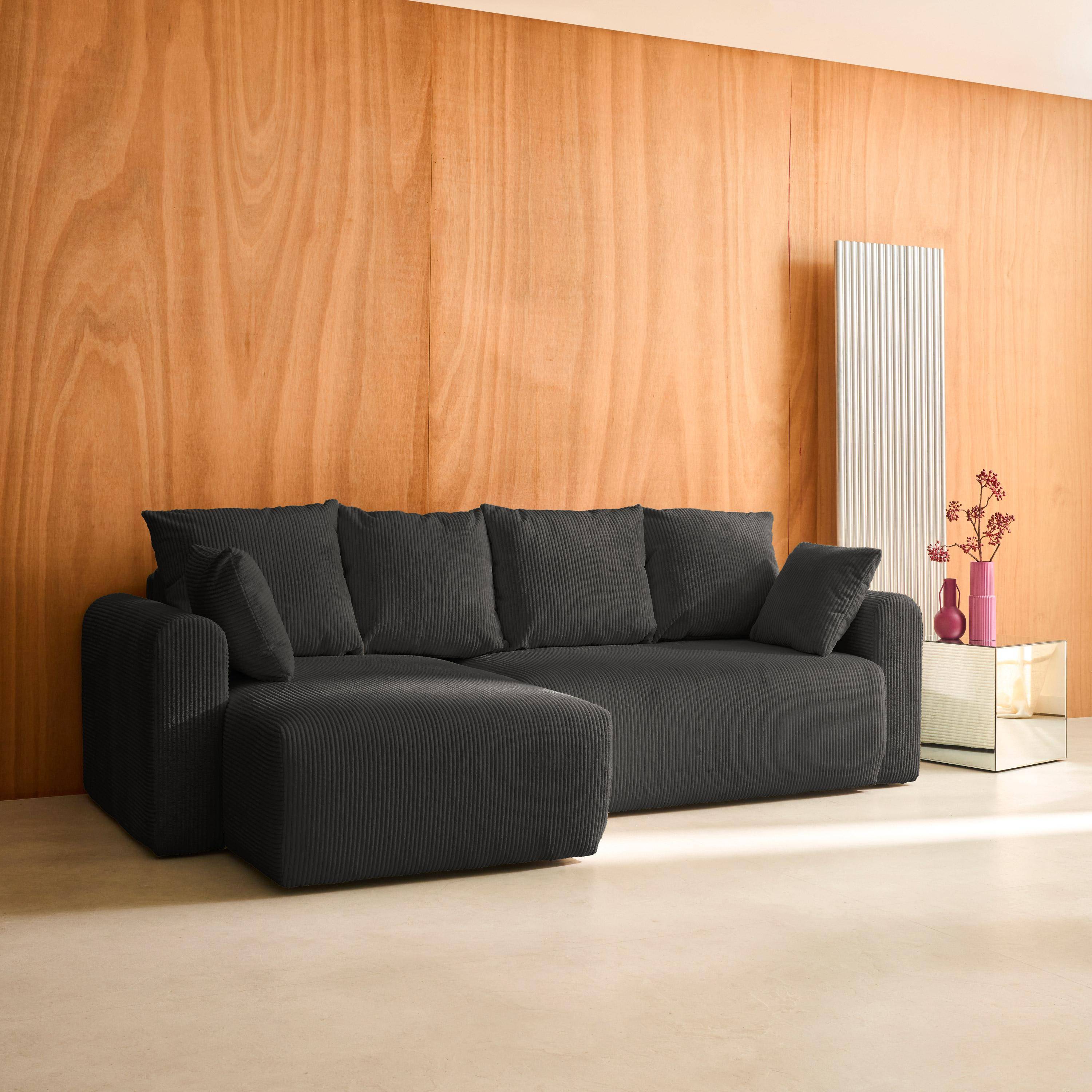 Canapé d'angle convertible réversible 3 places velours côtelé anthracite avec coffre de rangement - Almo,sweeek,Photo2