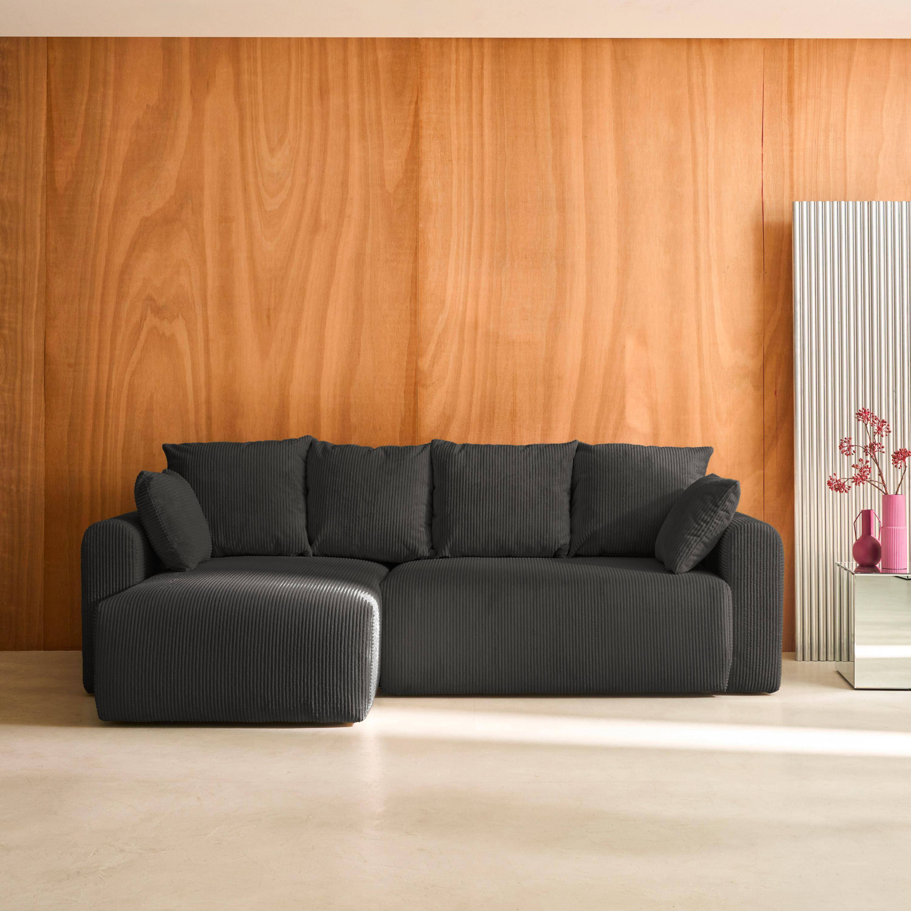 Canapé d'angle convertible réversible 3 places velours côtelé anthracite avec coffre de rangement - Almo Photo1