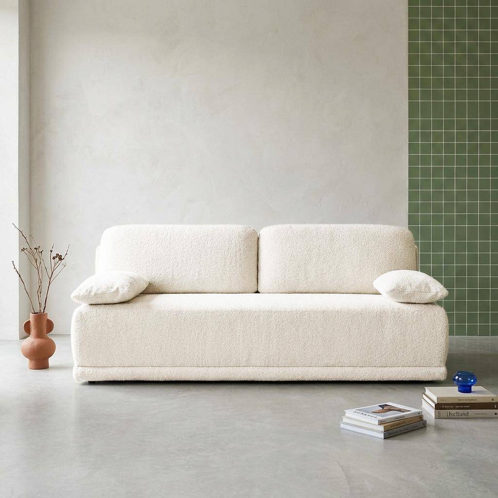 Banquette convertible 3 places bouclette avec coffre de rangement blanc cassé - L 192 x P 100 x H 81cm - Nelson Photo1