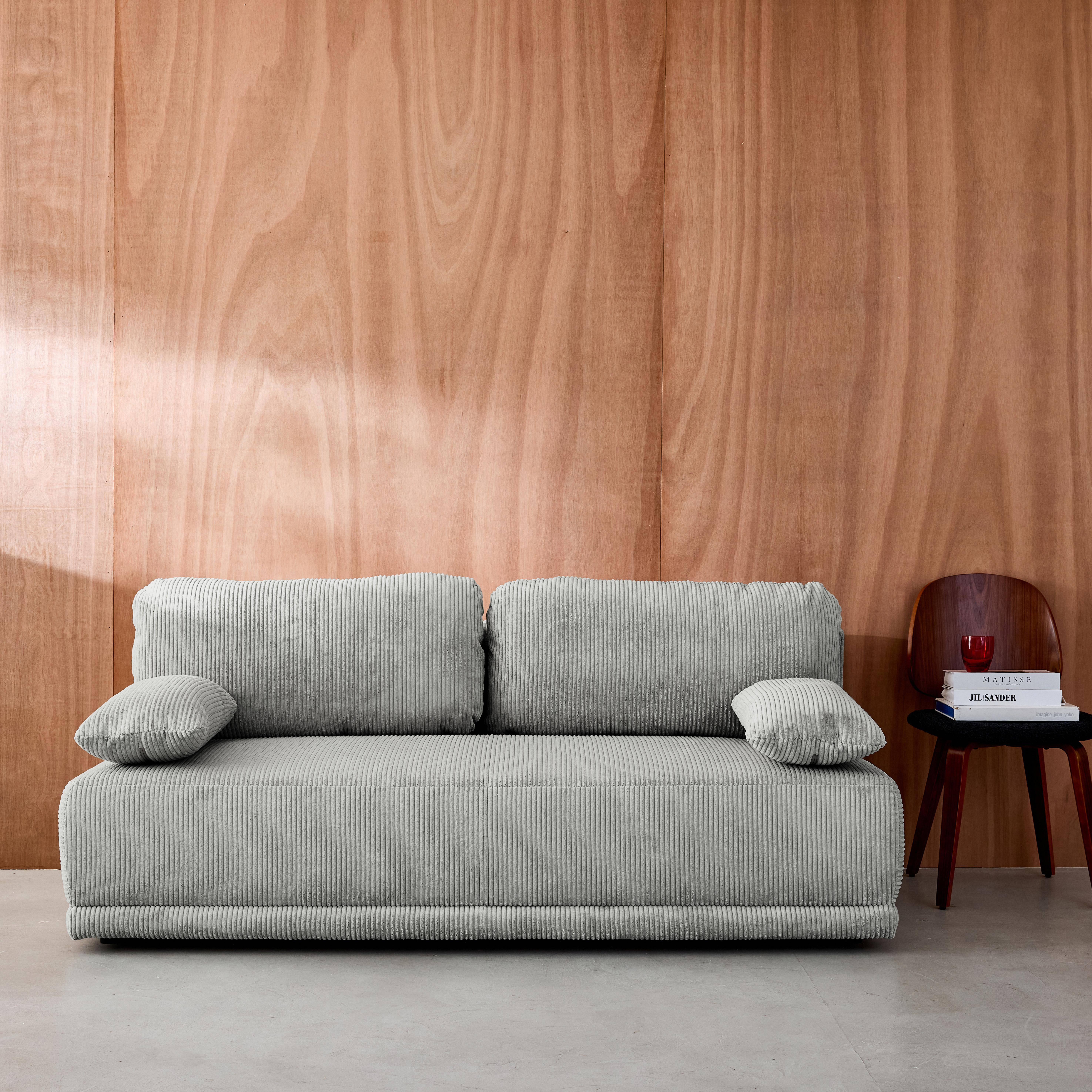 Banquette convertible 3 places velours côtelé gris clair avec coffre de rangement - L 192 x P 100 x H 81cm - Nelson Photo1