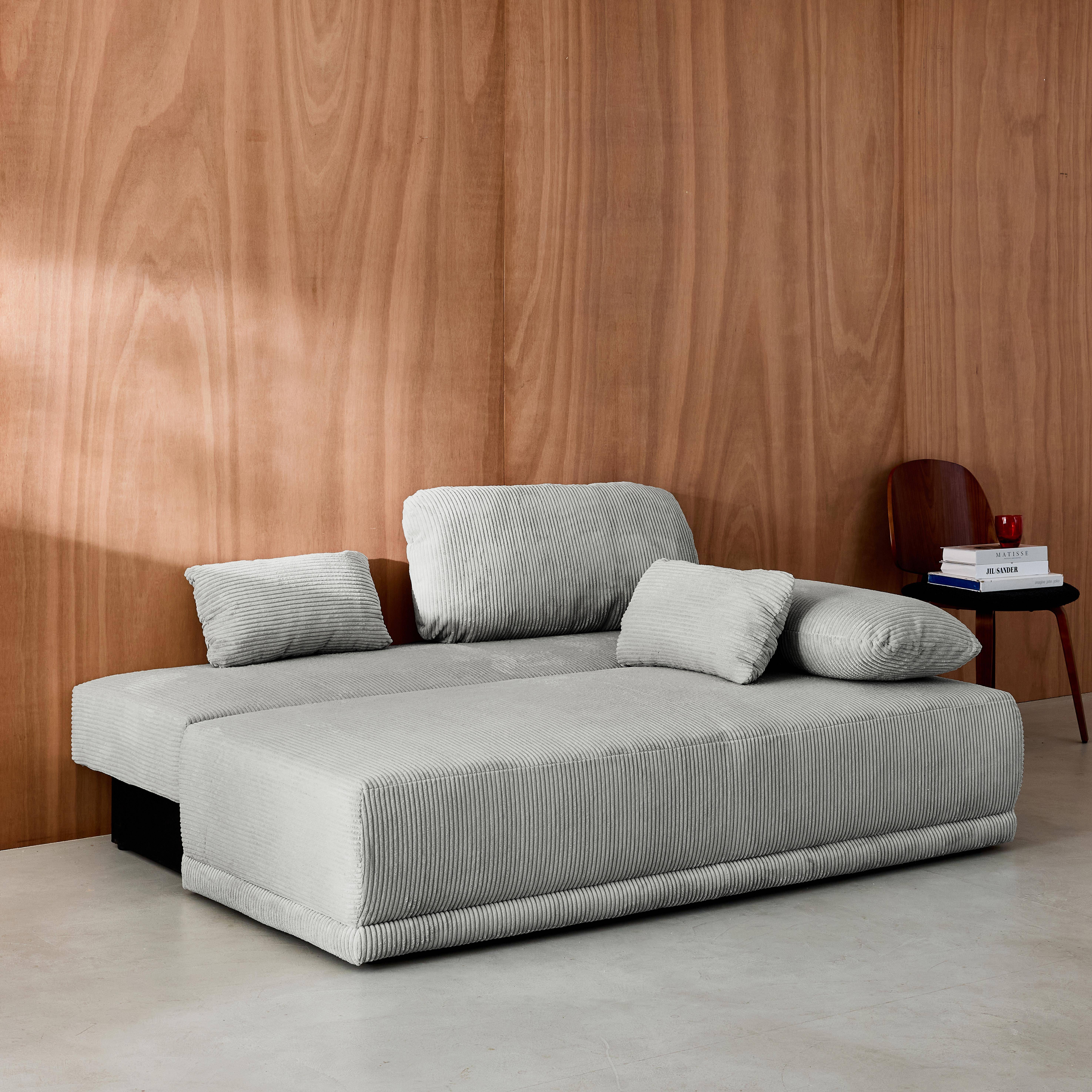 Banquette convertible 3 places velours côtelé gris clair avec coffre de rangement - L 192 x P 100 x H 81cm - Nelson Photo3