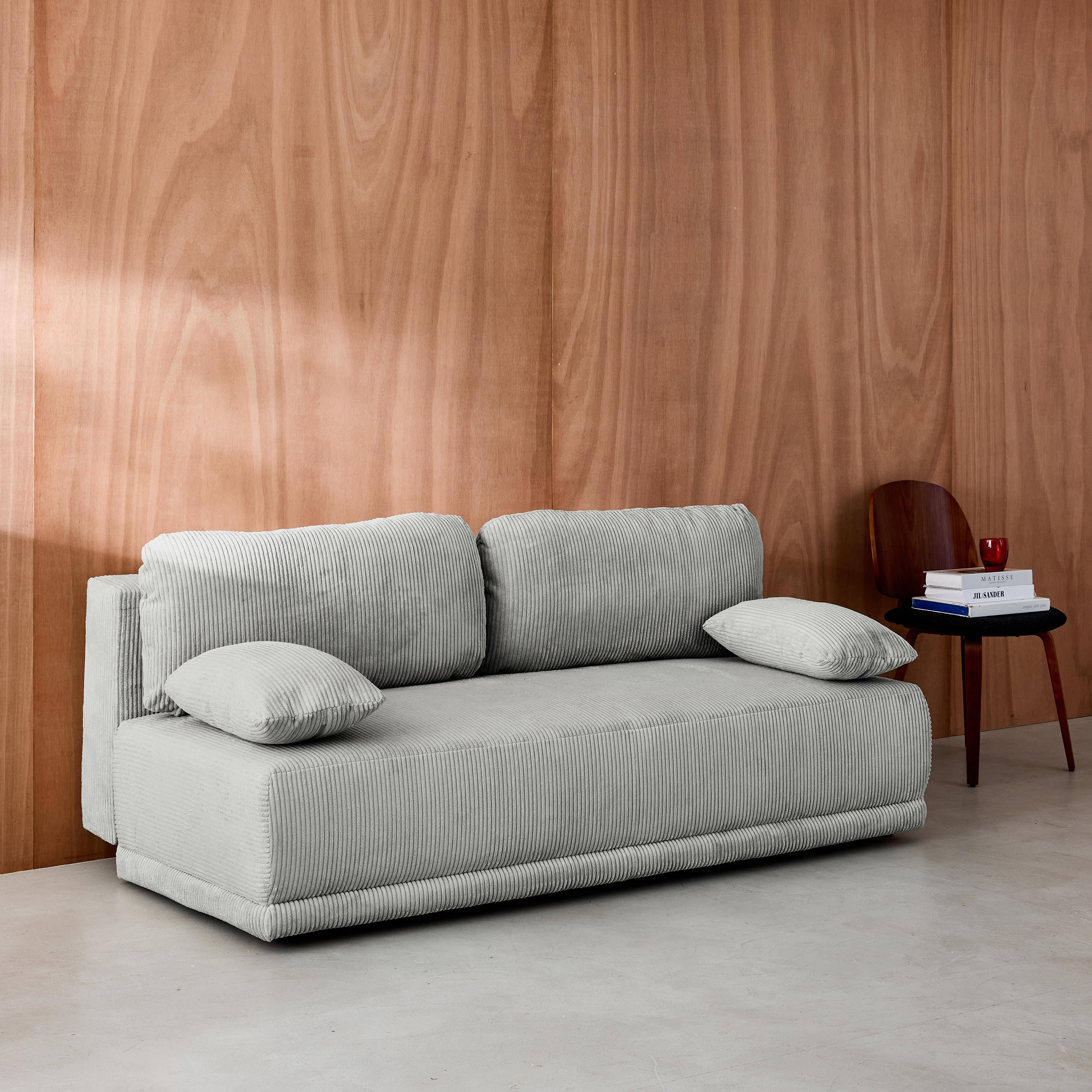 Banquette convertible 3 places velours côtelé gris clair avec coffre de rangement - L 192 x P 100 x H 81cm - Nelson Photo2