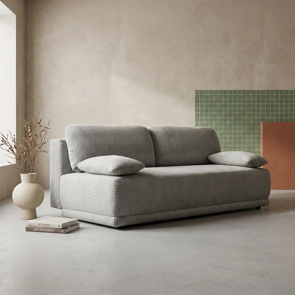 Rozkładana kanapa 3-osobowa ze sztruksu, jasnoszara z pojemnikiem – 192 × 100 × 81 cm – Nelson,sweeek,Photo1