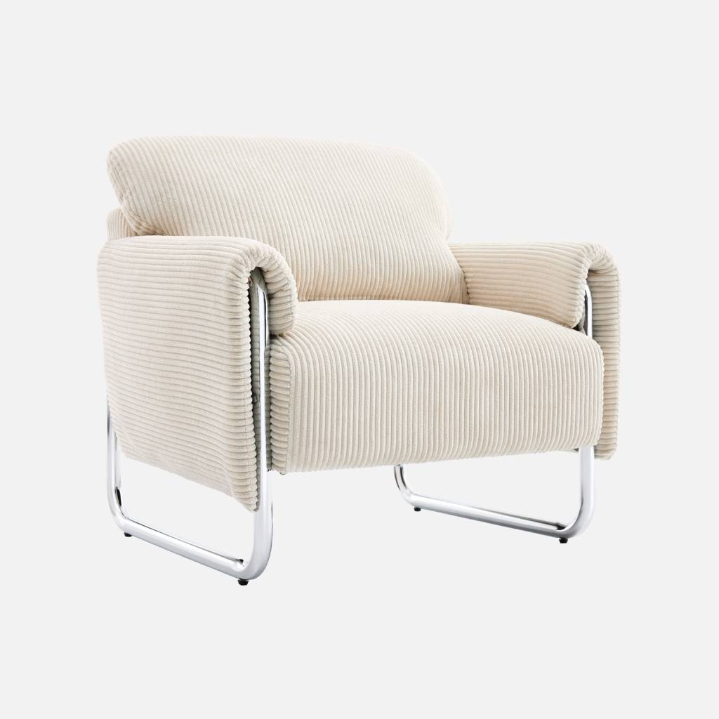 Sillón vintage de pana con estructura cromada, Blanco roto