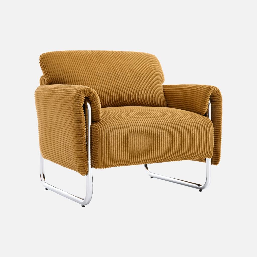 Sillón vintage de pana con estructura cromada, Mostaza