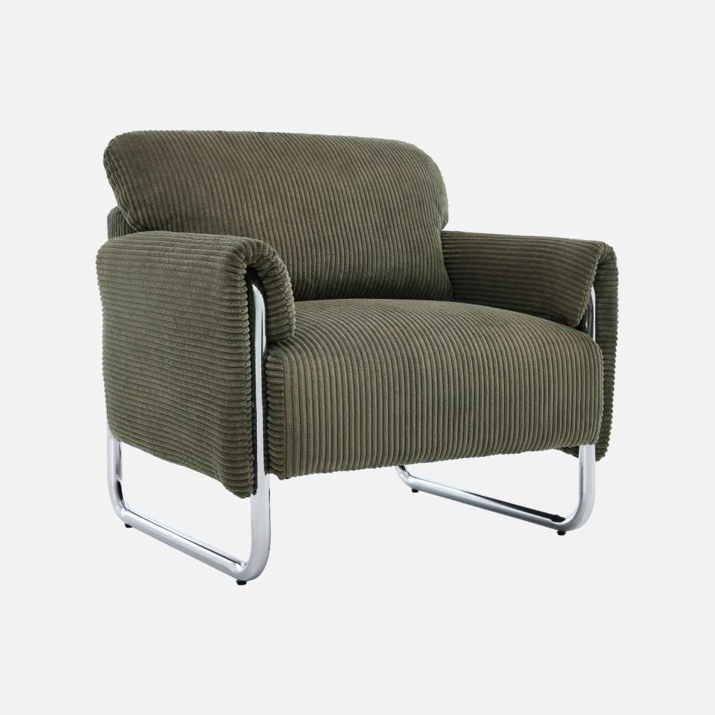 Sillón vintage de pana con estructura cromada, Verde kaki