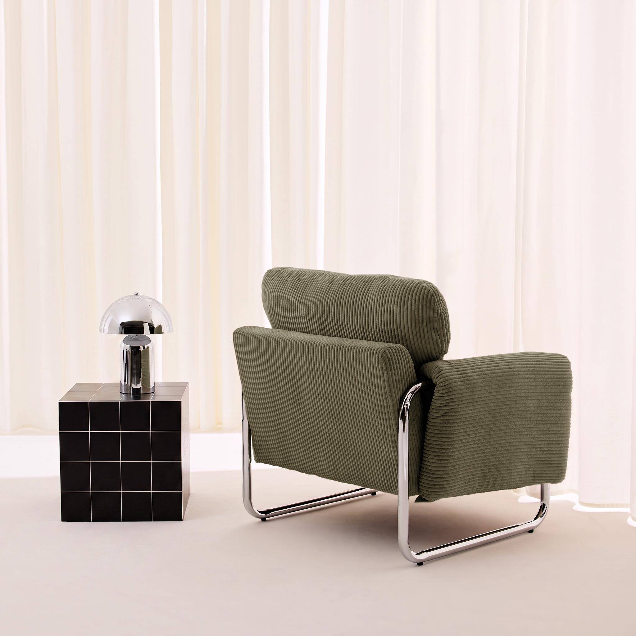 Poltrona vintage em veludo canelado com estrutura em metal cromado Verde caqui - 81x80x80 cm Photo3