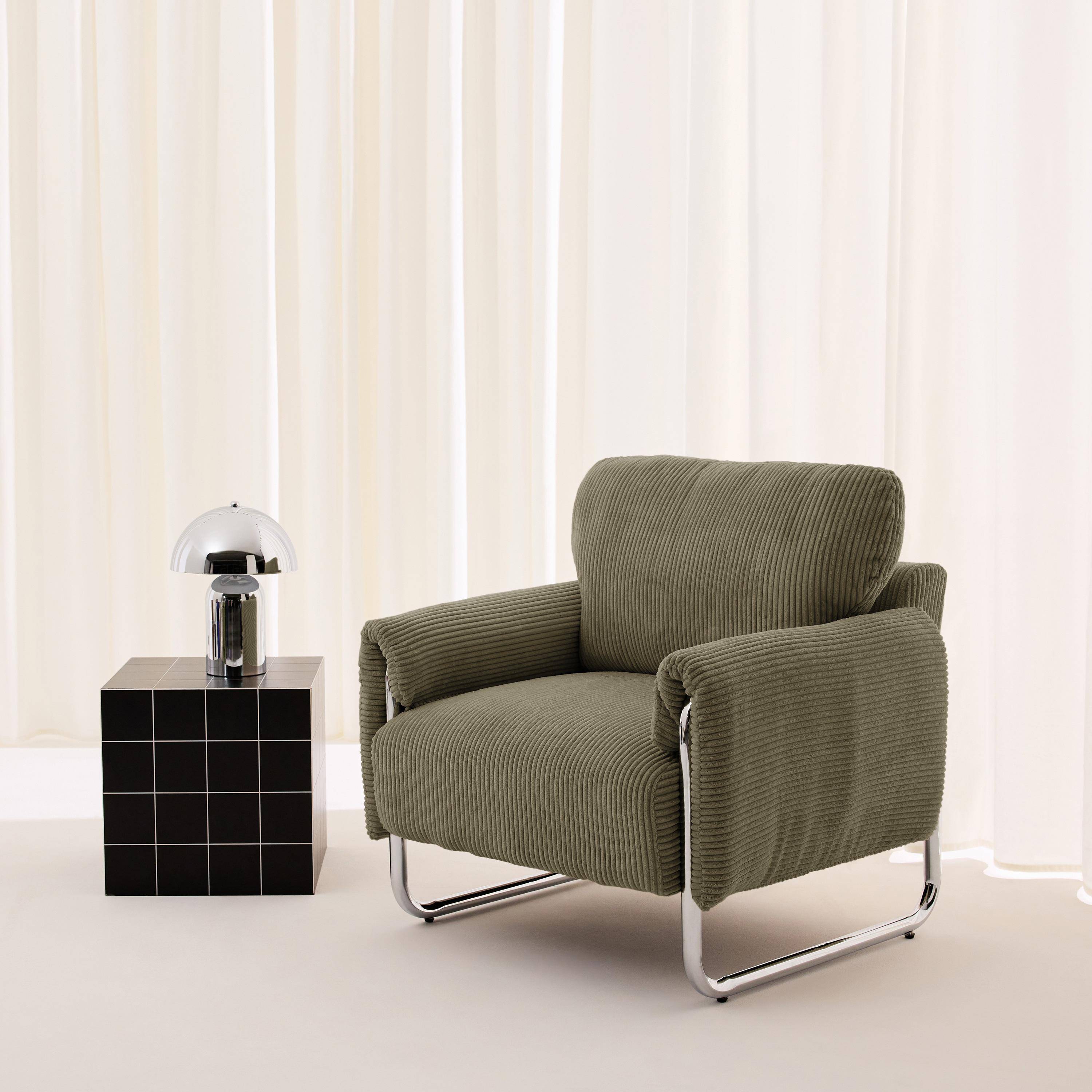 Poltrona vintage em veludo canelado com estrutura em metal cromado Verde caqui - 81x80x80 cm,sweeek,Photo1