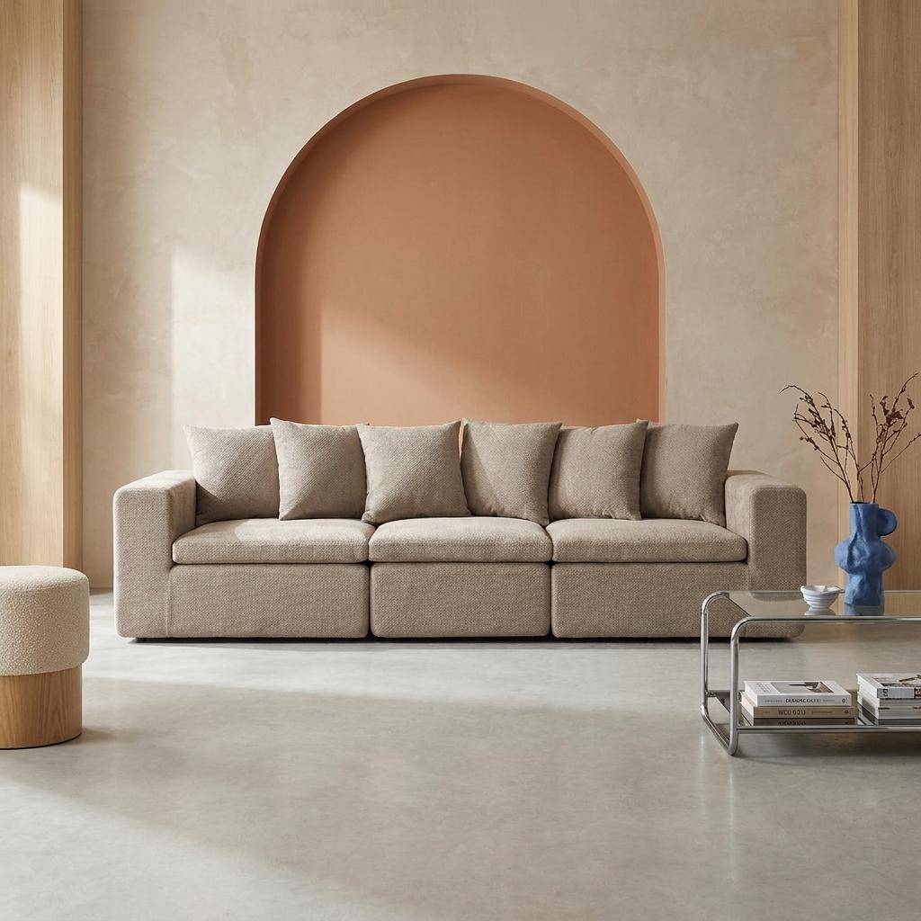 Sofá modular em tecido chenille, 3 lugares Bege escuro - 295x110x62 cm Photo1