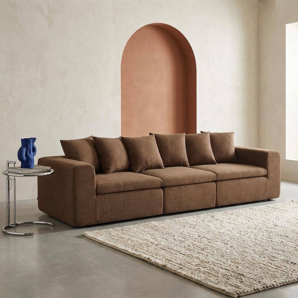 Sofá modular em tecido chenille, 3 lugares Castanho - 295x110x62 cm Photo1