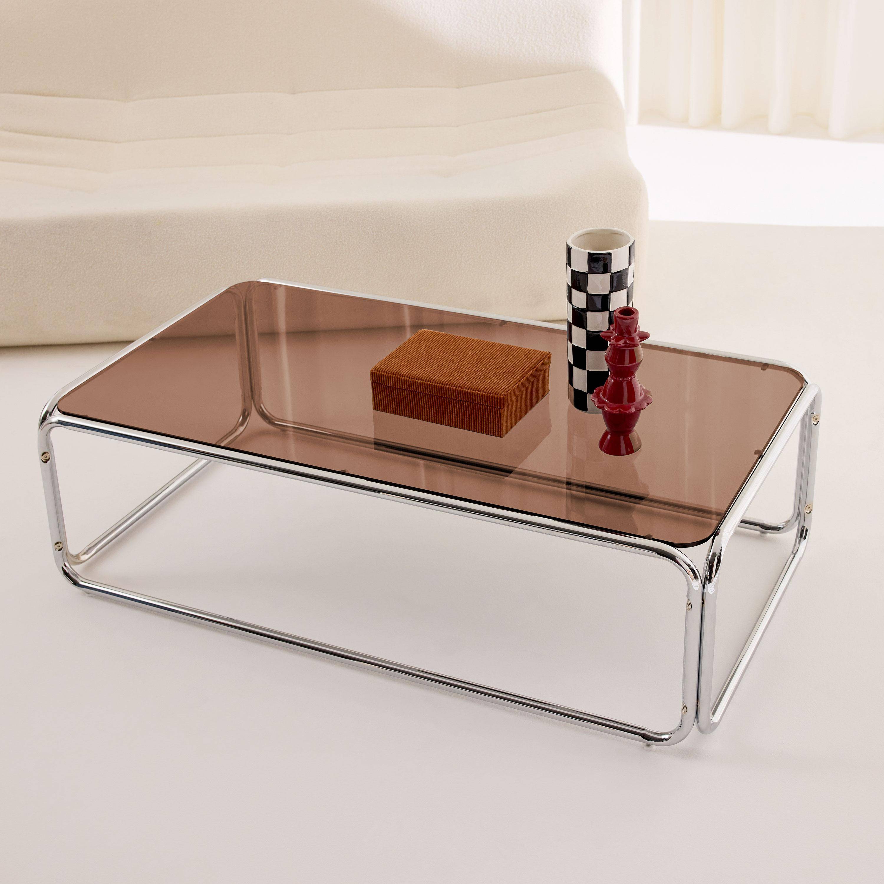 Vintage Couchtisch aus verchromtem Stahl und gehärtetem Glas bernsteinfarben - Noli Photo2