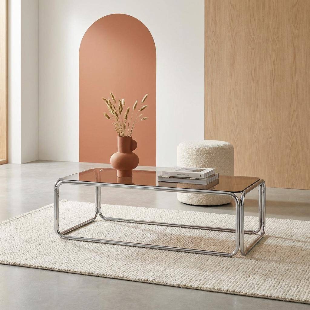 Vintage coffee table with chrome steel and tempered glass amber 120x60x35 cm - Noli Photo1