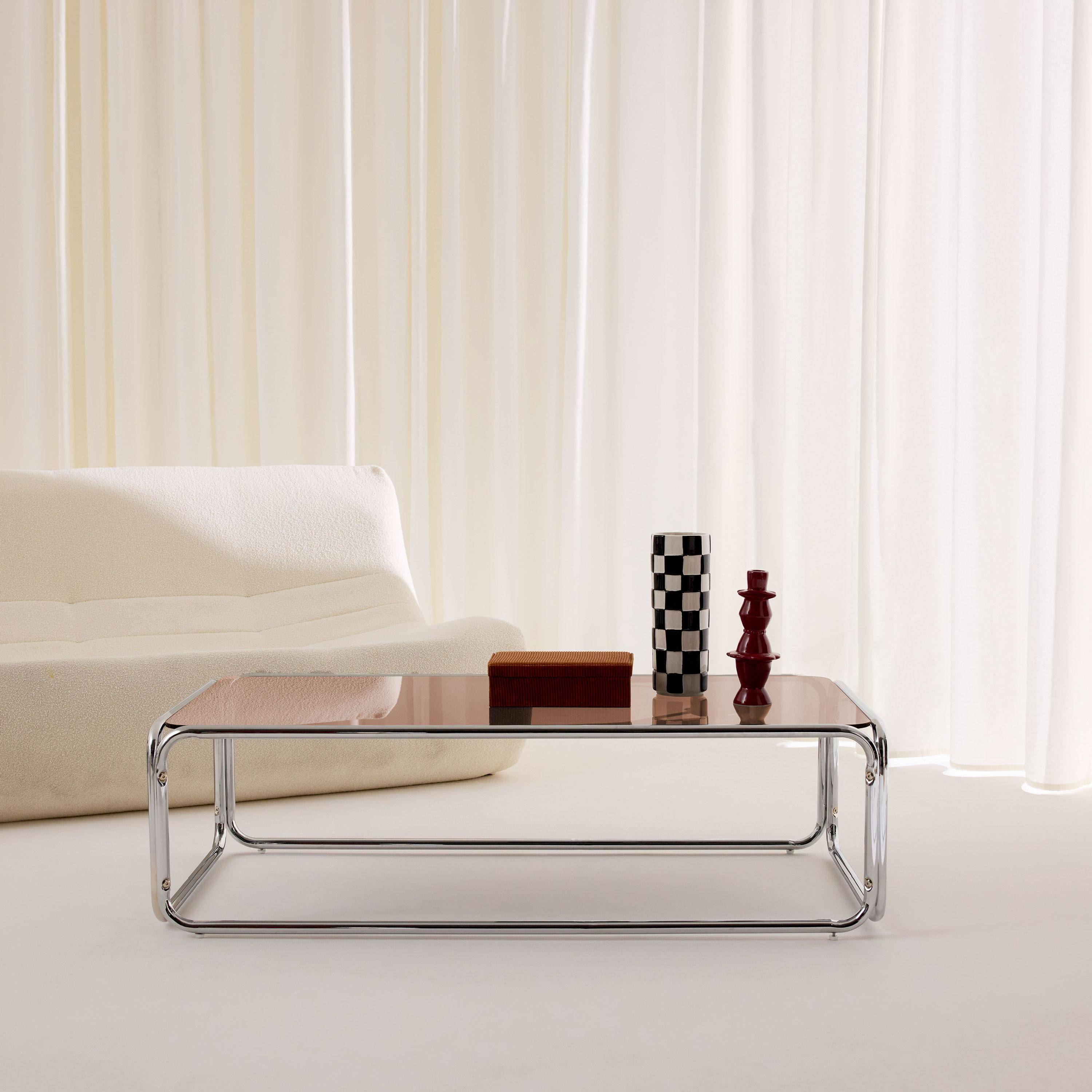 Vintage Couchtisch aus verchromtem Stahl und gehärtetem Glas bernsteinfarben - Noli Photo1