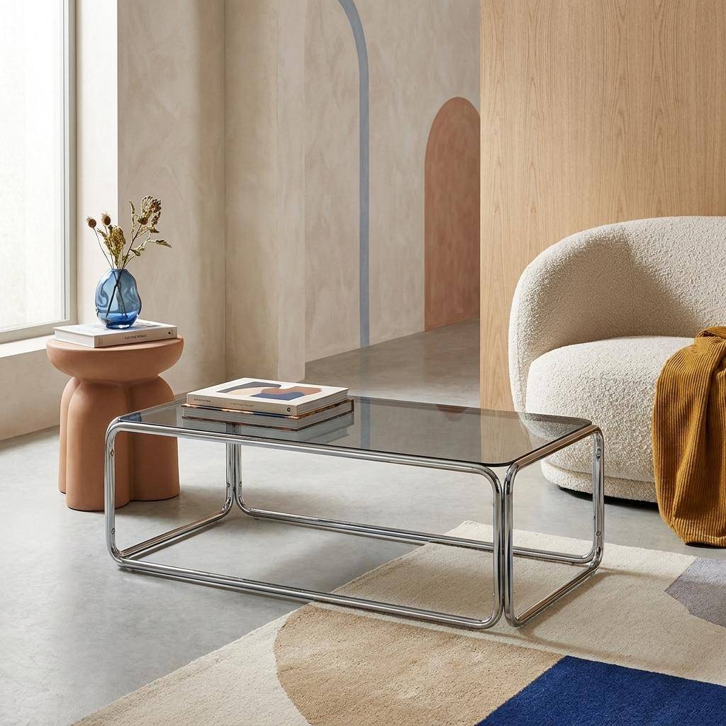 Mesa de centro vintage em vidro temperado e aço cromado Cinza - 120x60x35 cm,sweeek,Photo2