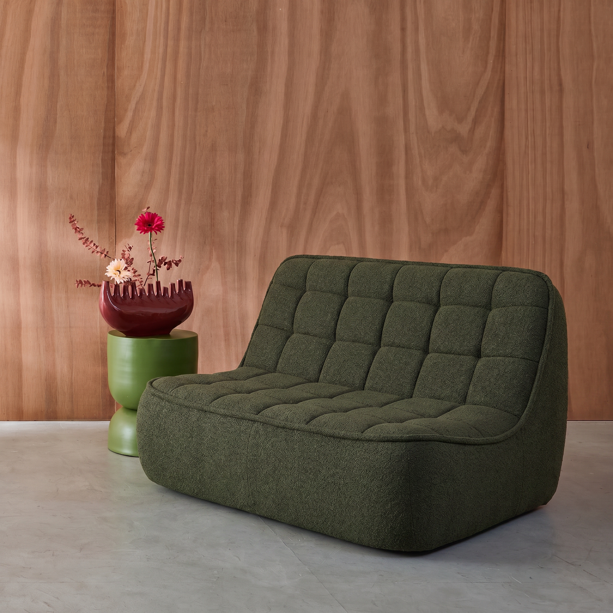 Getextureerde bouclé fauteuil 2-zits bankje kaki - Boni Photo2
