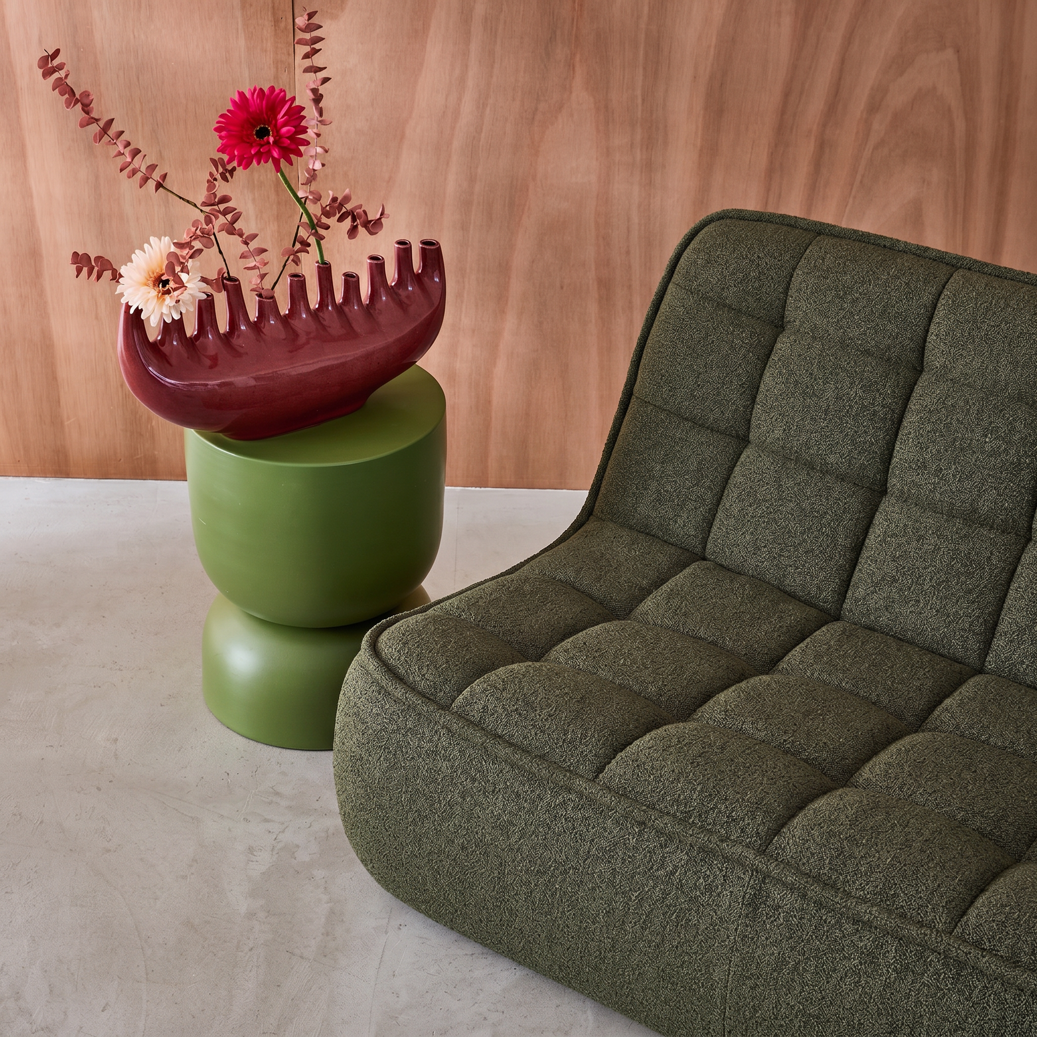 Getextureerde bouclé fauteuil 2-zits bankje kaki - Boni Photo3