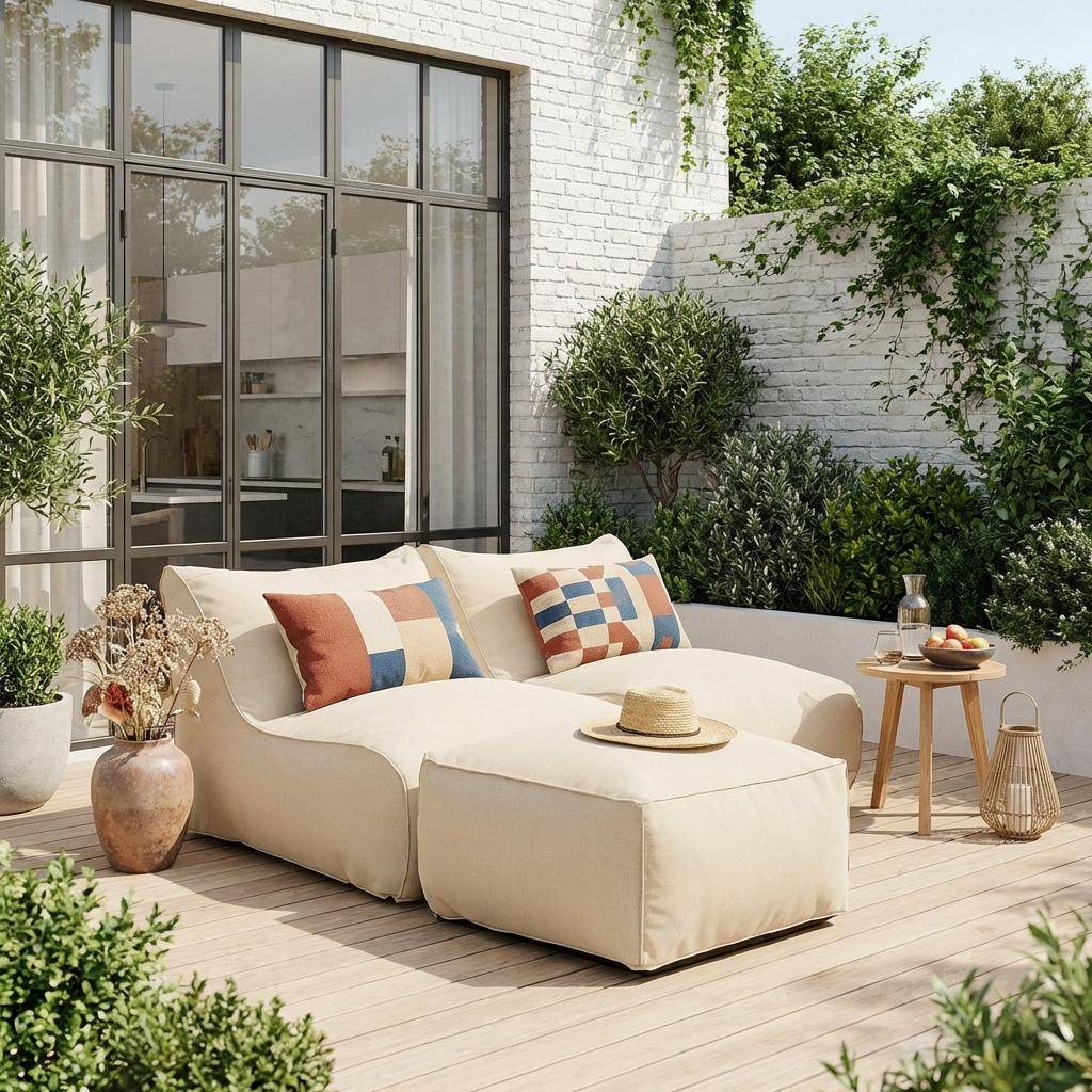 Buiten fauteuils en voetenbankje olefine beige - Pluma Photo2