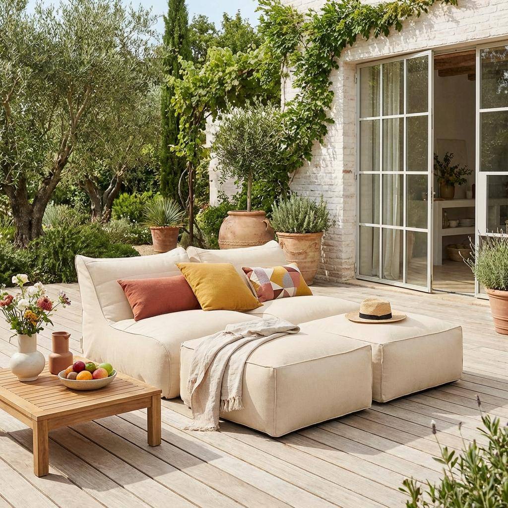 Pufes e apoio para os pés de exterior em olefina, 2 lugares Bege - 100x78x68 cm,sweeek,Photo1