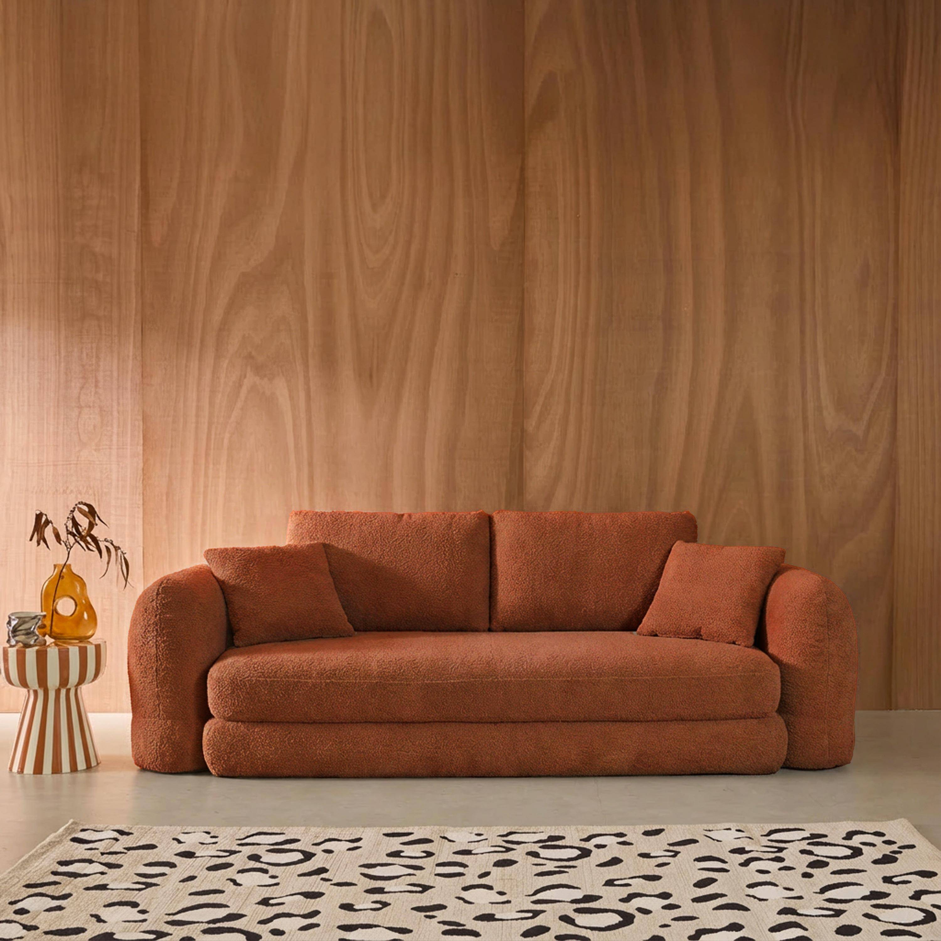 Canapé convertible 3 places en bouclette texturée terracotta L 243 x P 112 x H 66 cm - Sweeetch,sweeek,Photo1