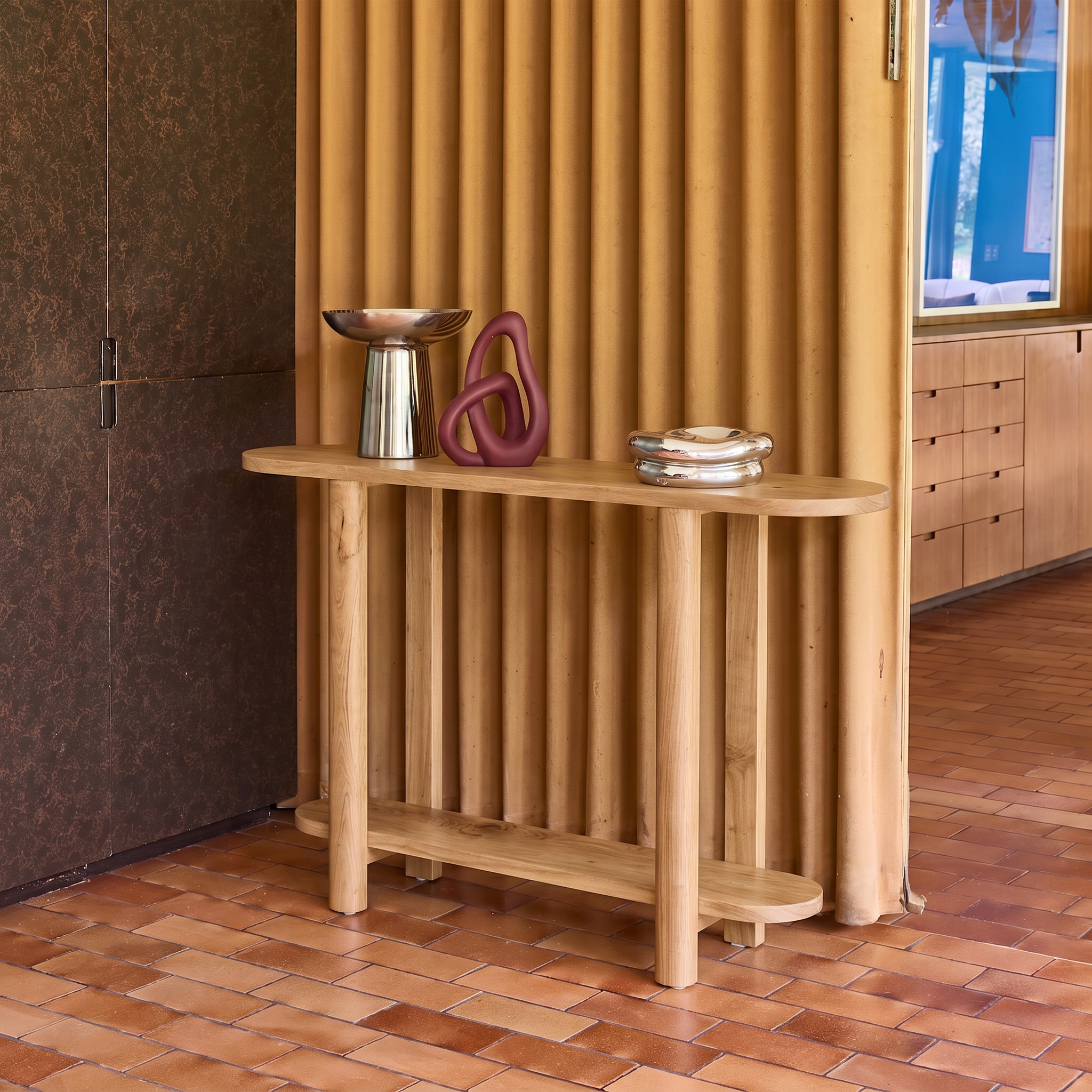 Consolle ovale in legno di acacia a 2 livelli Marrone naturale - 120x30x75 cm Photo2