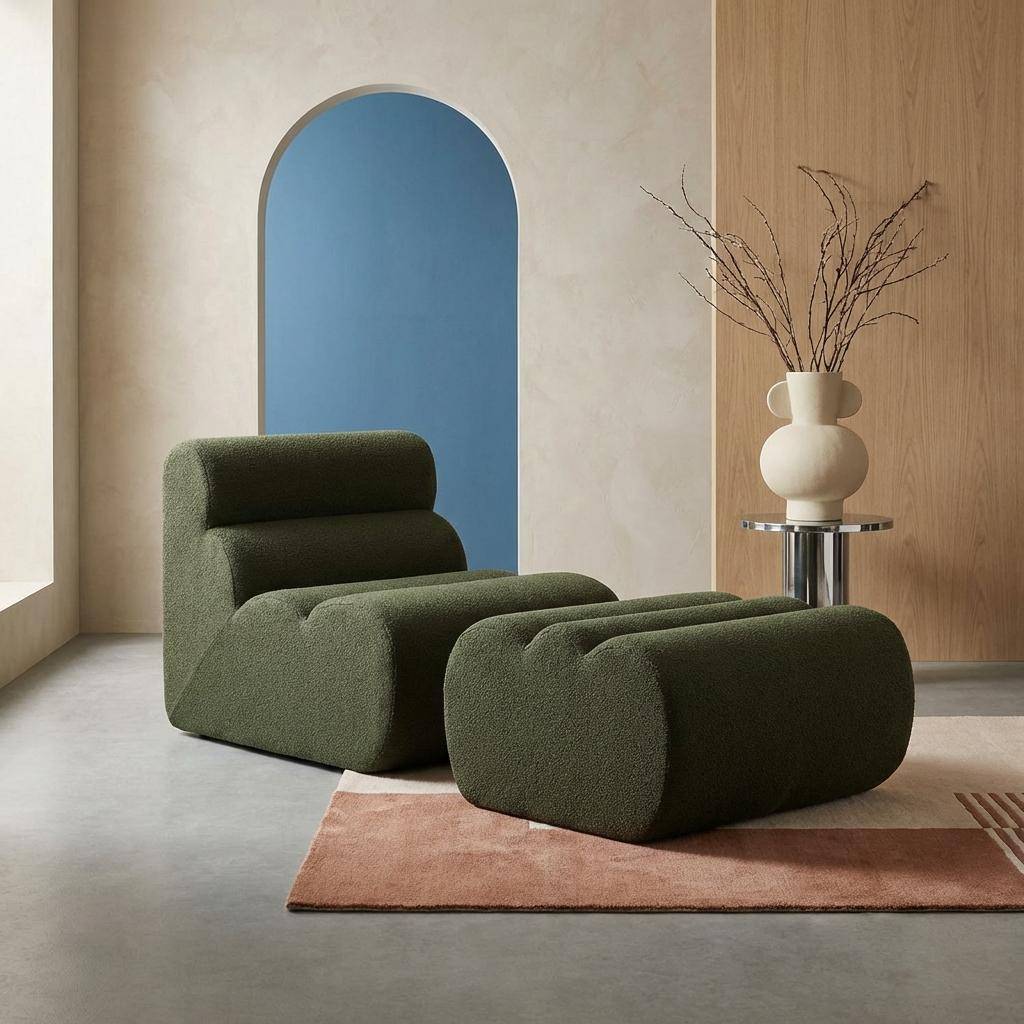 Stoffen fauteuil getextureerde bouclé 1 zitplaats met voetenbankje kaki - Nova,sweeek,Photo1