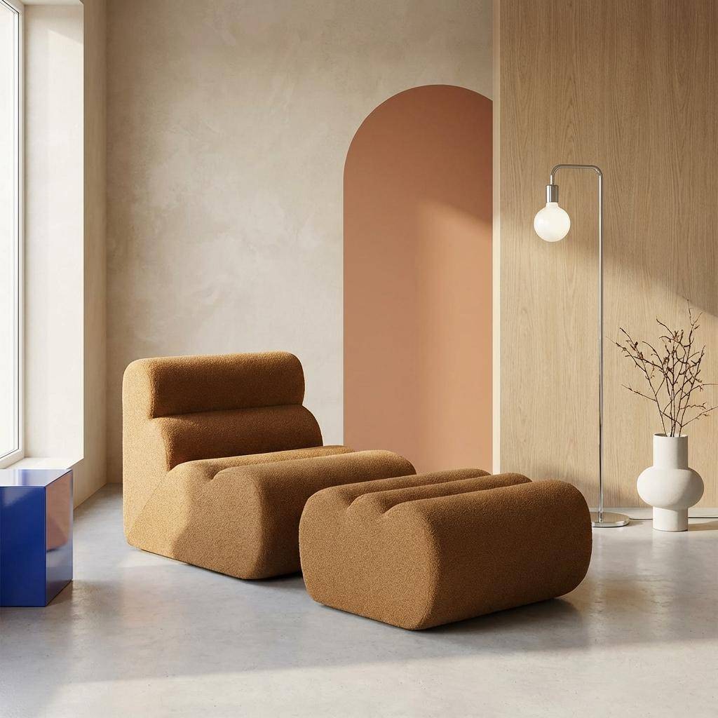 Stoffen fauteuil getextureerde bouclé 1 zitplaats met voetenbankje mosterd - Nova Photo2