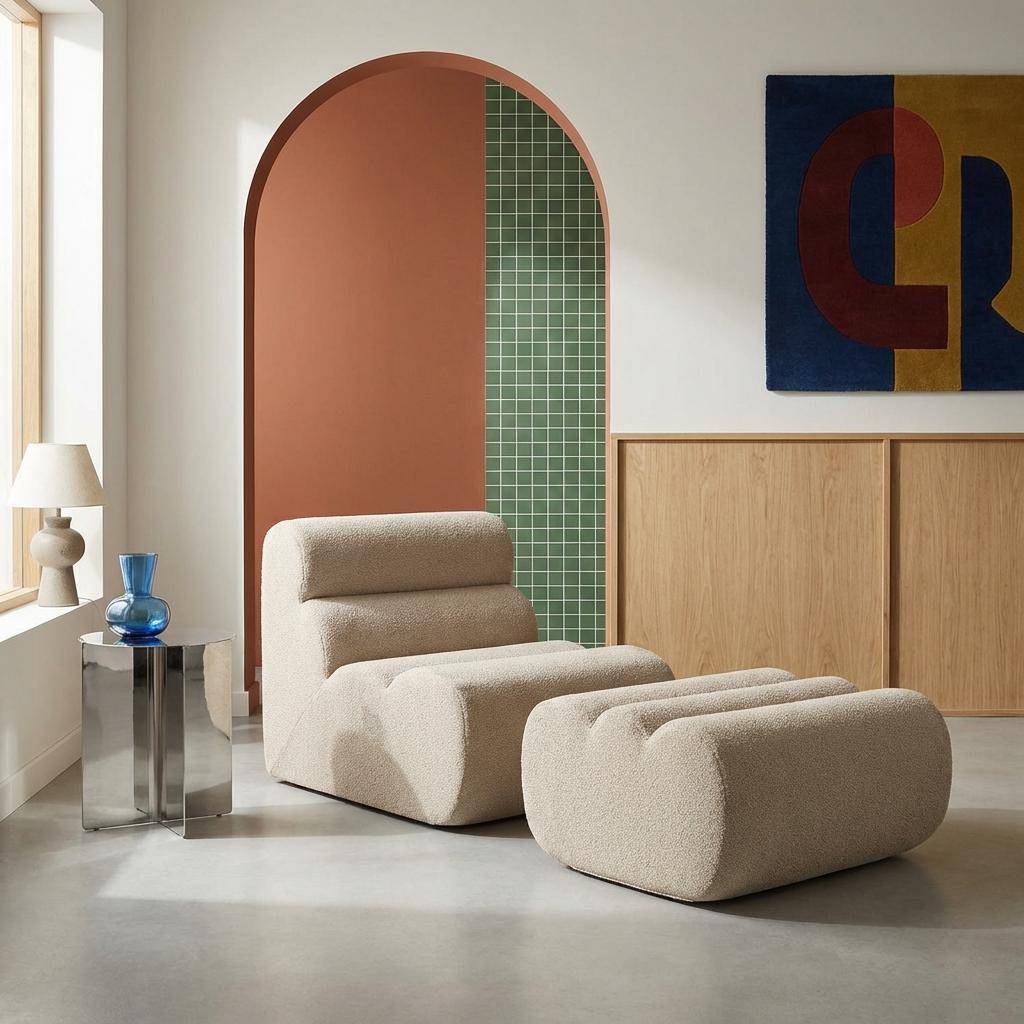Stoffen fauteuil getextureerde bouclé 1 zitplaats met voetenbankje beige - Nova Photo1