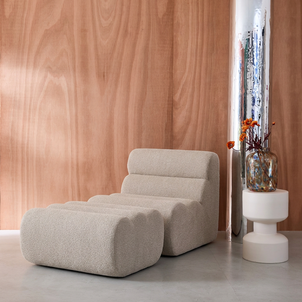 Sessel mit strukturiertem Bouclé-Bezug und Hocker beige - Nova Photo1