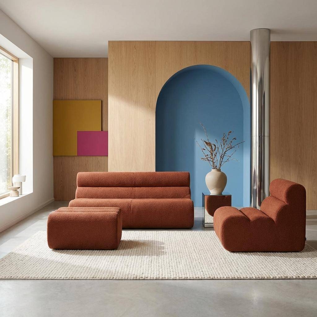 Canapé modulable bouclette texturée 3 places avec repose pied terracotta - Nova Photo1