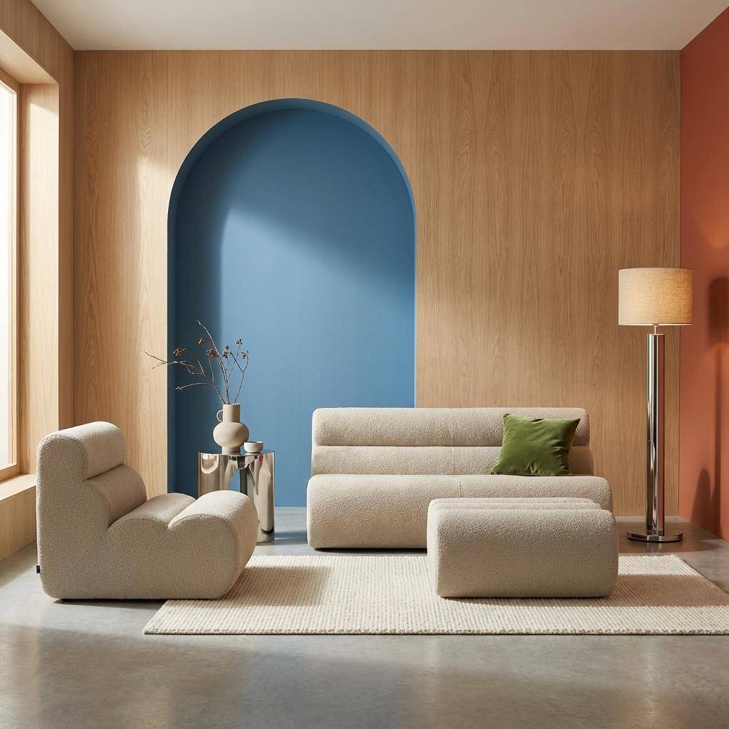 Canapé modulable bouclette texturée 3 places avec repose pied beige - Nova Photo1