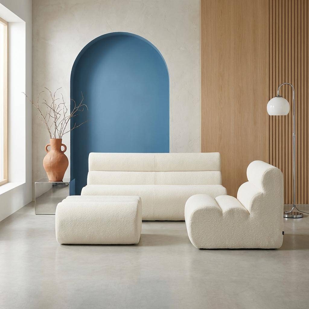 Canapé modulable bouclette texturée 3 places avec repose pied blanc - Nova,sweeek,Photo1