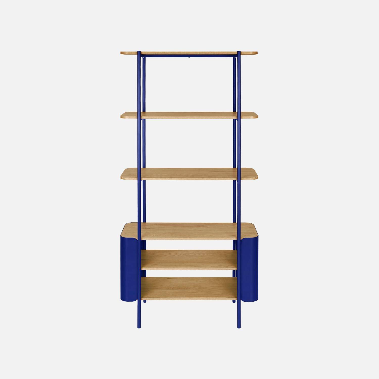 Etagère bibliothèque métal courbé et décor bois 6 niveaux bleu - Molto Photo2