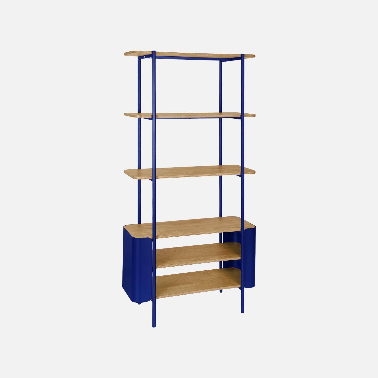 Etagère bibliothèque métal courbé et décor bois 6 niveaux bleu - Molto Photo1