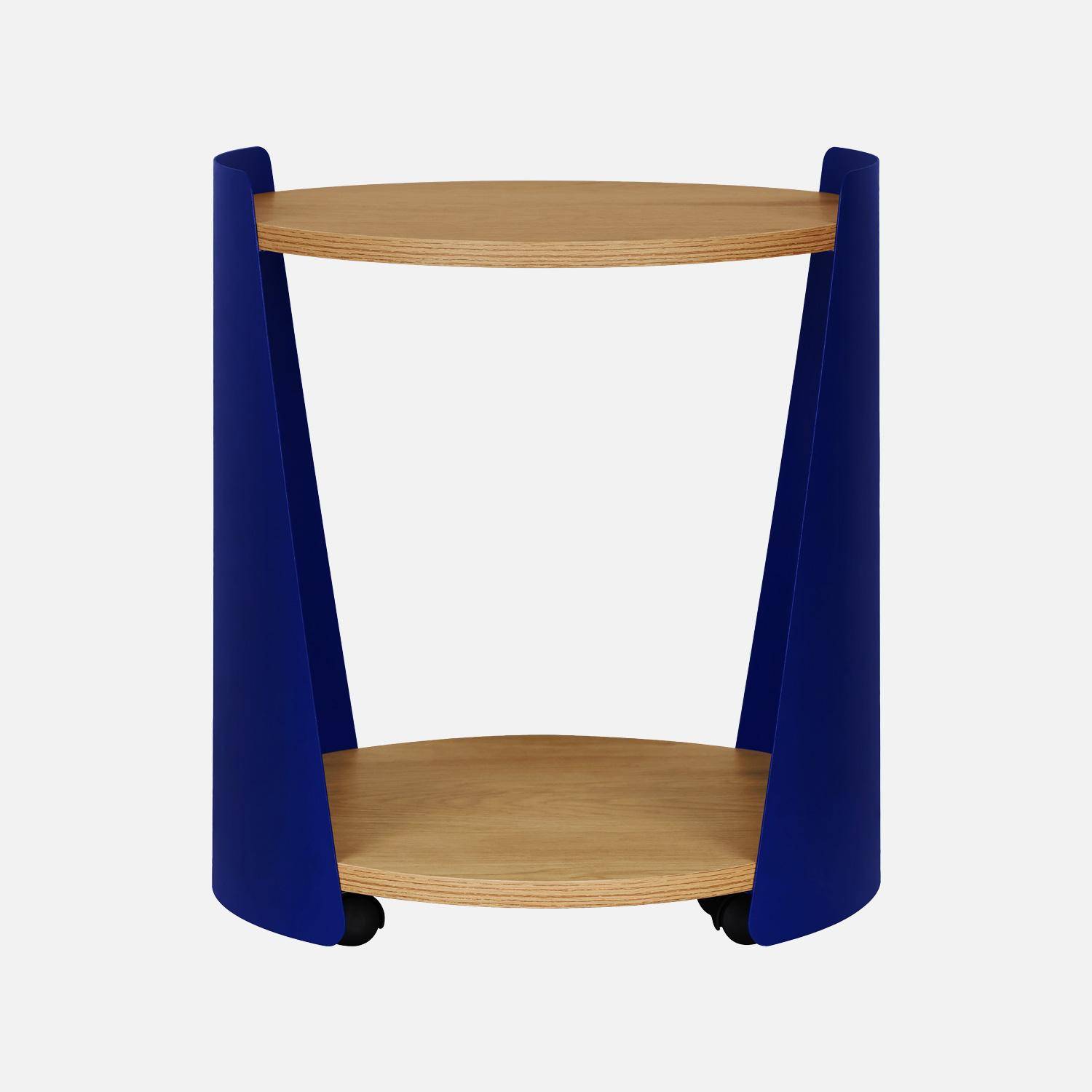 Table d'appoint métal courbé et décor bois avec roulettes bleu - Molto Photo2