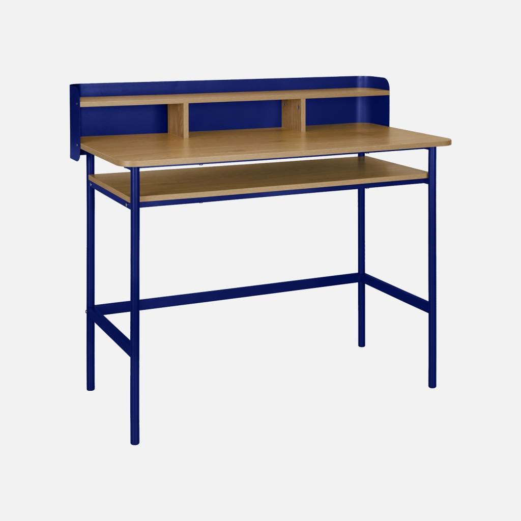 Bureau métal et décor bois 3 niches 100cm bleu