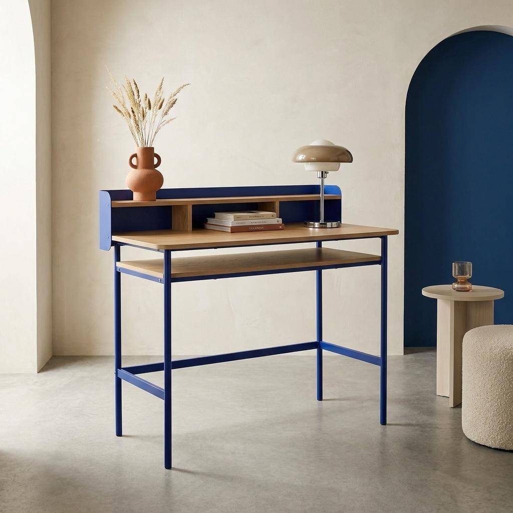 Bureau métal et décor bois 3 niches 100cm bleu - Molto Photo1