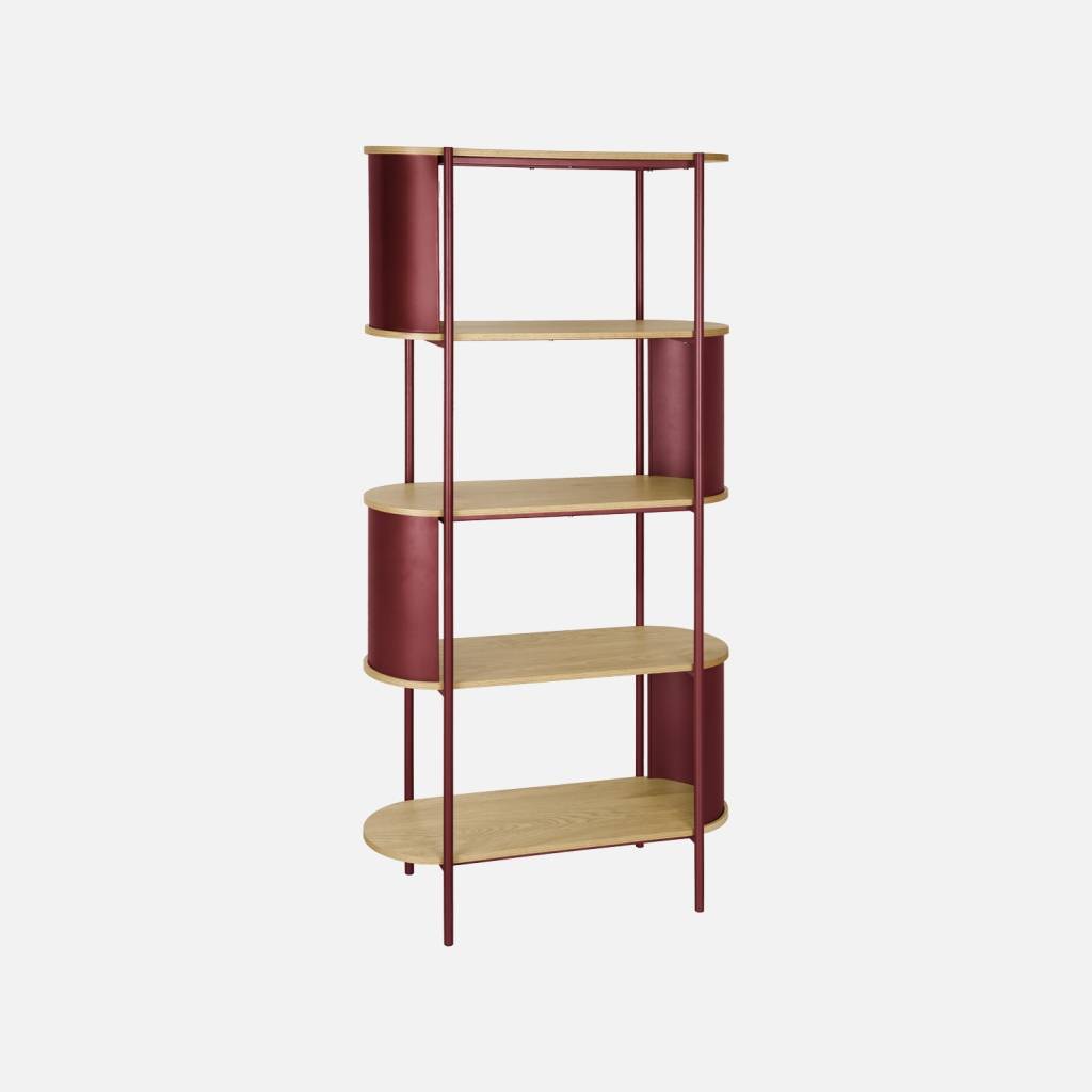 Bibliothèque métal courbé et décor bois 5 niveaux rouge