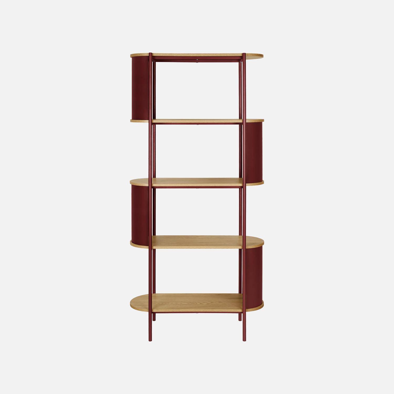 Etagère bibliothèque métal courbé et décor bois 5 niveaux rouge - Molto,sweeek,Photo2