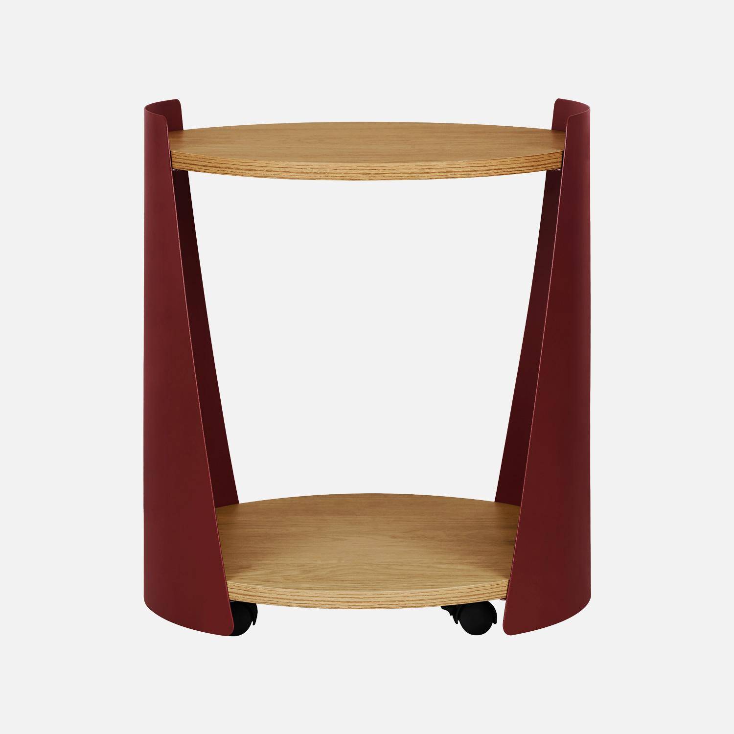 Table d'appoint métal courbé et décor bois avec roulettes rouge - Molto Photo2