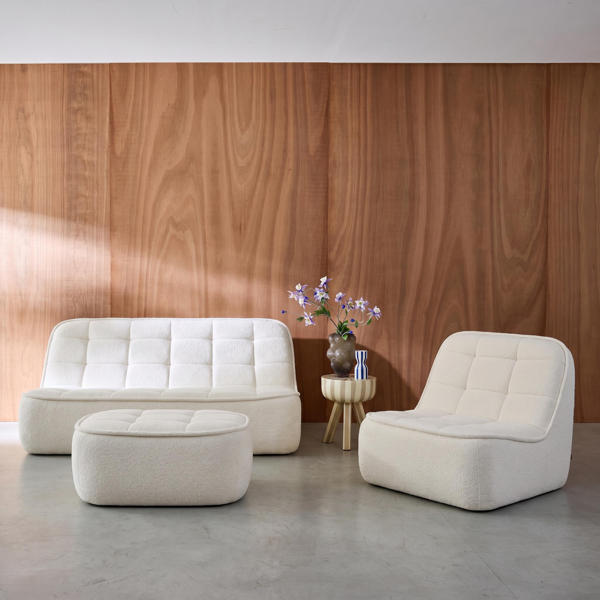 Canapé modulable bouclette texturée 3 places avec repose pied blanc cassé - Boni Photo3