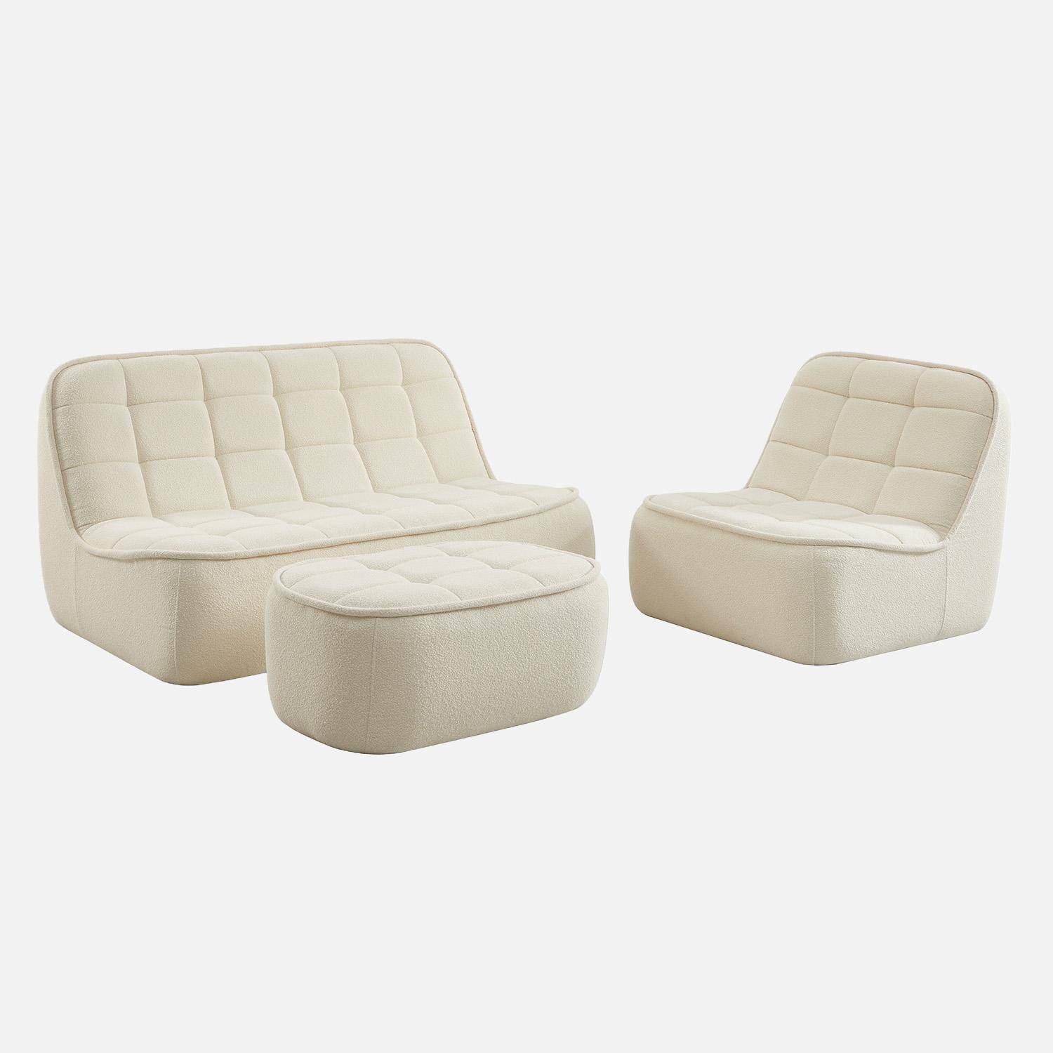 Canapé modulable bouclette texturée 3 places avec repose pied blanc cassé - Boni,sweeek,Photo1