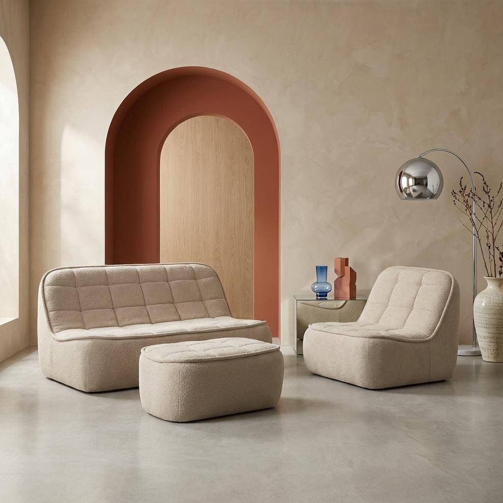 Canapé modulable bouclette texturée 3 places avec repose pied beige - Boni,sweeek,Photo1