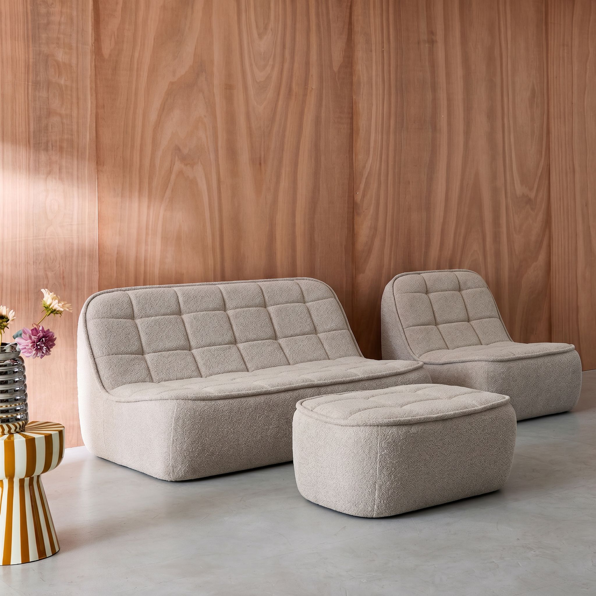 Canapé modulable bouclette texturée 3 places avec repose pied beige - Boni,sweeek,Photo1