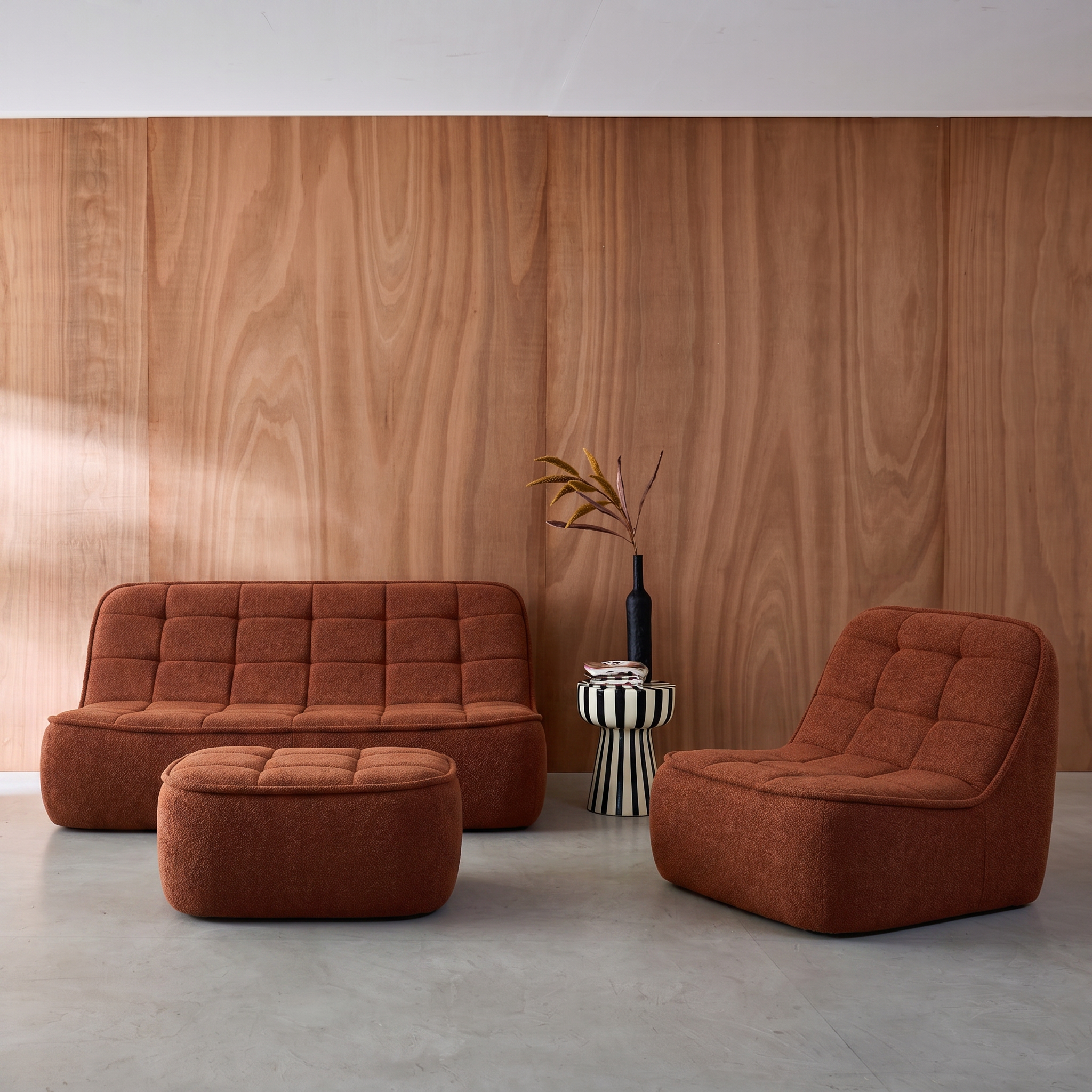 Canapé modulable bouclette texturée 3 places avec repose pied terracotta - Boni Photo3