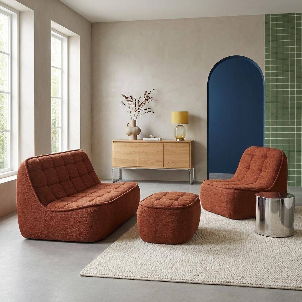 Canapé modulable bouclette texturée 3 places avec repose pied terracotta - Boni,sweeek,Photo1