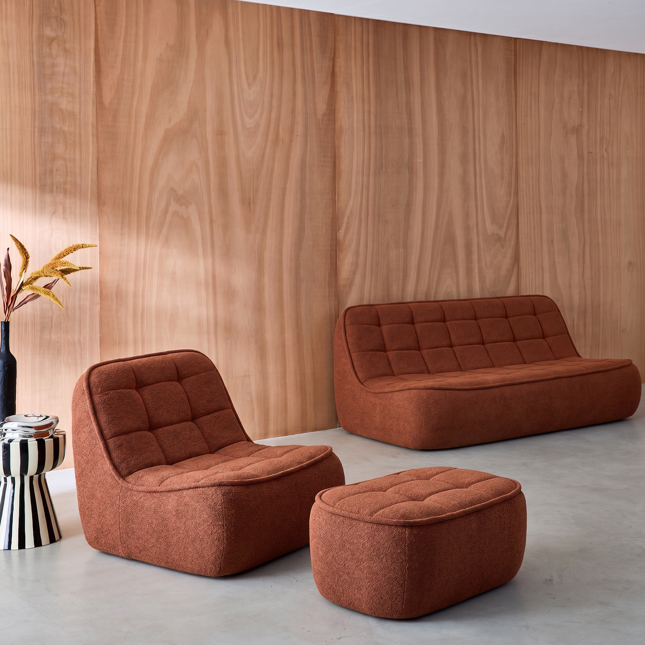Canapé modulable bouclette texturée 3 places avec repose pied terracotta - Boni Photo2