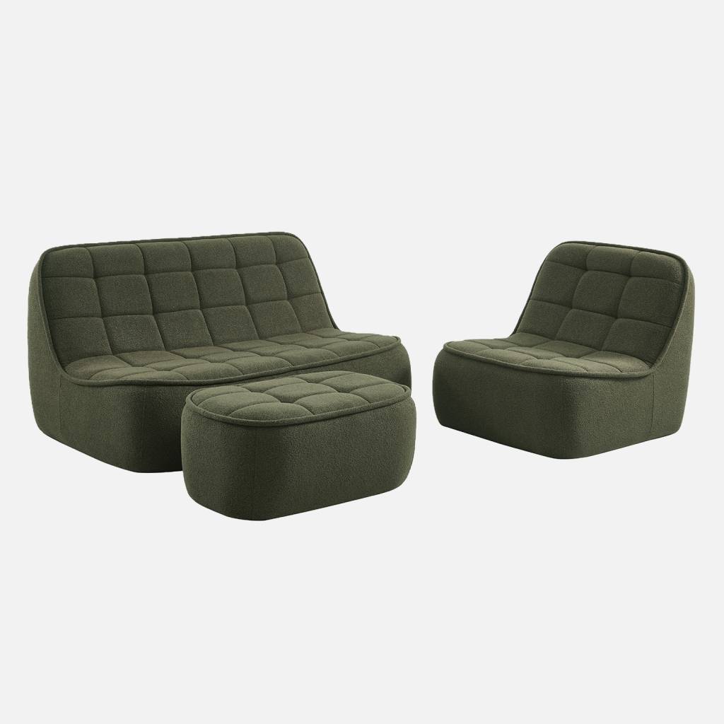 Canapé bouclette texturée 3 places + repose pied kaki