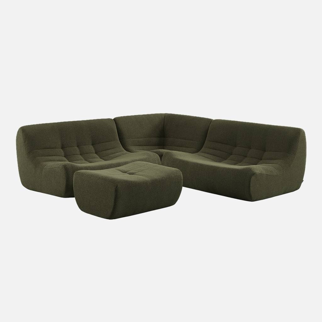 Canapé d'angle 5 places repose pied bouclette texturée kaki