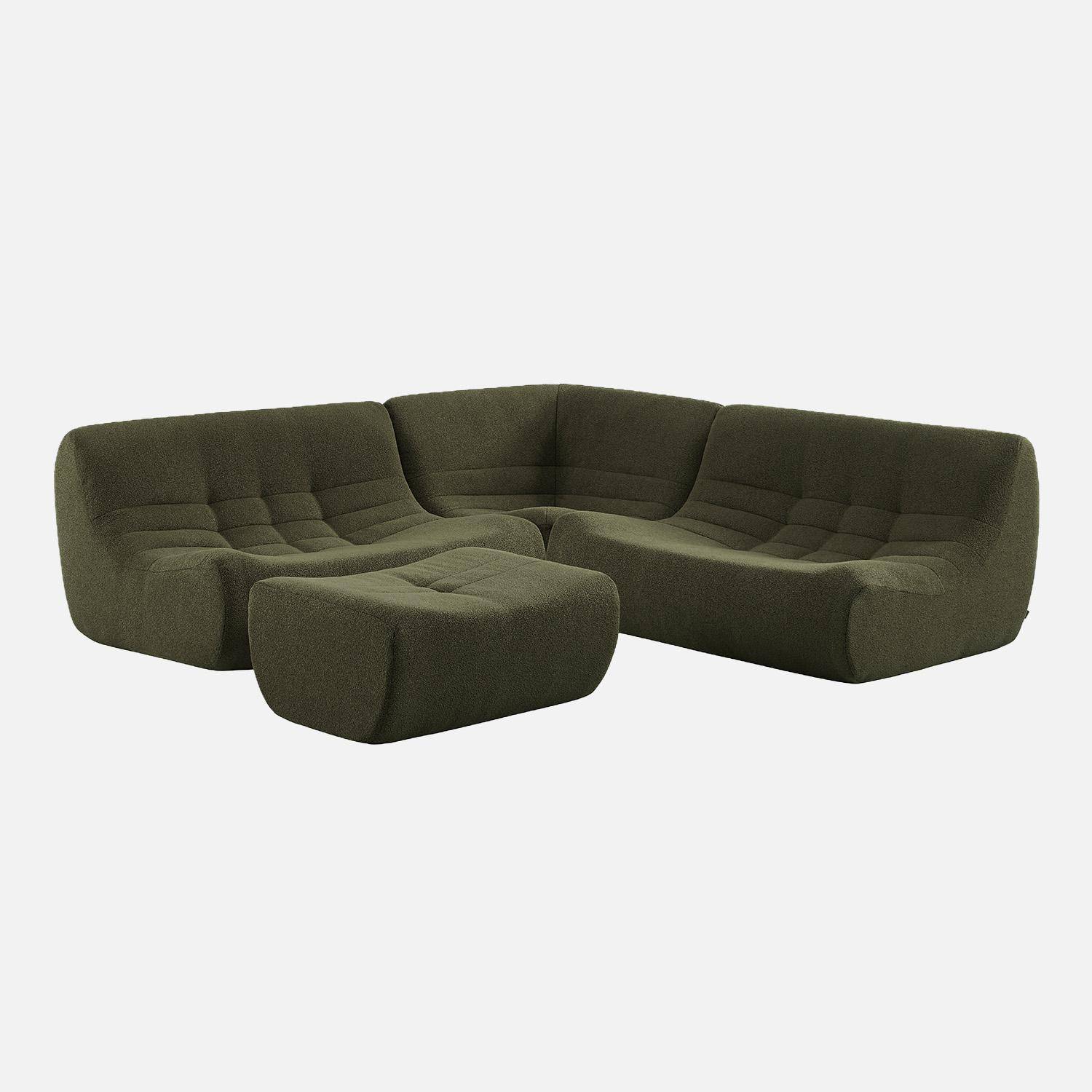 Modulaire fauteuils 5-zits hoekzetel met voetenbankje van getextureerde bouclé bekleding kaki - Sokol,sweeek,Photo6