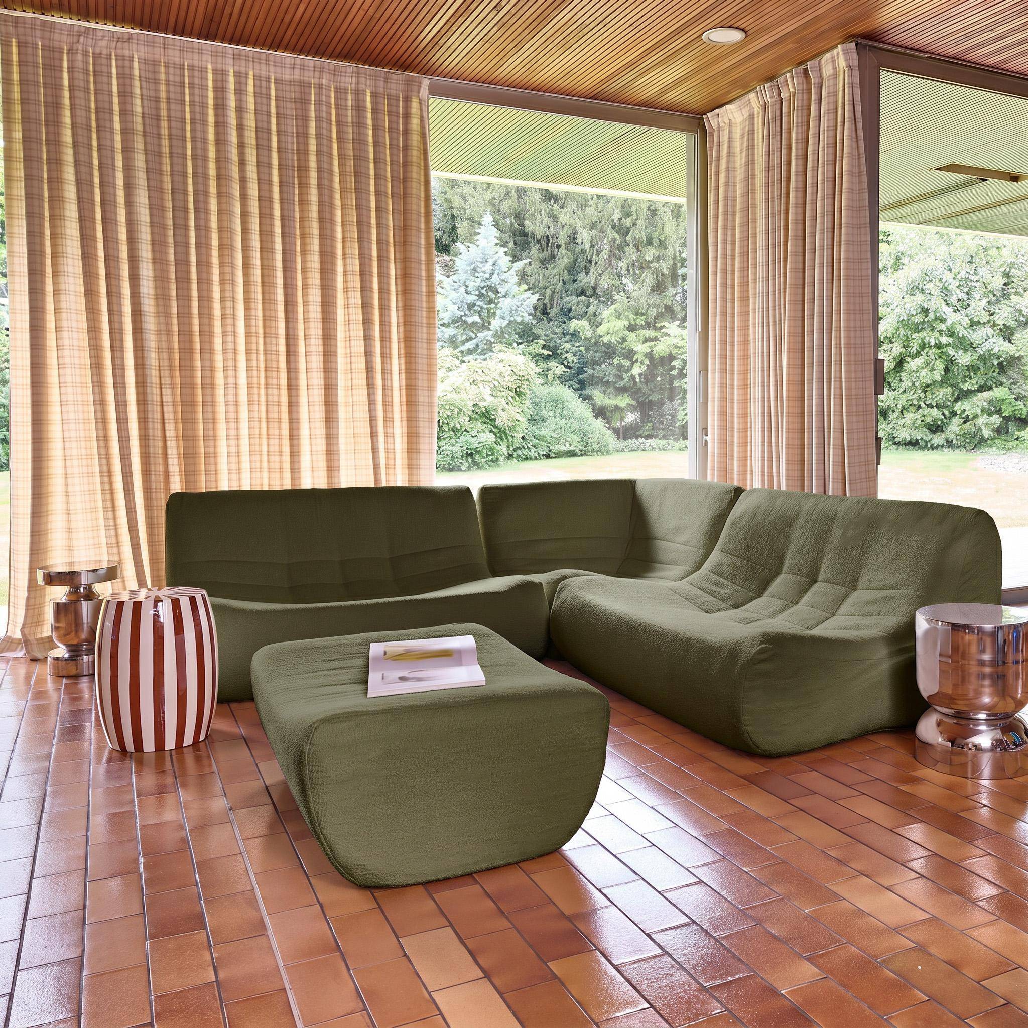 Modulaire fauteuils 5-zits hoekzetel met voetenbankje van getextureerde bouclé bekleding kaki - Sokol Photo5